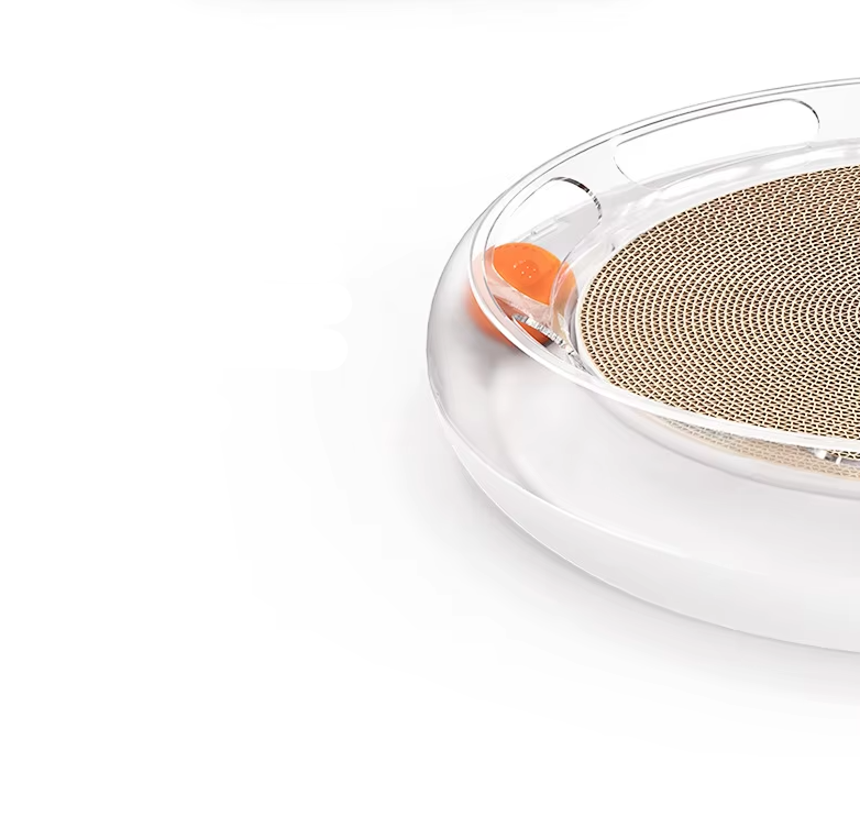 Modern cat accessory: round interactive scratching board designed for pet enrichment and claw maintenance.
