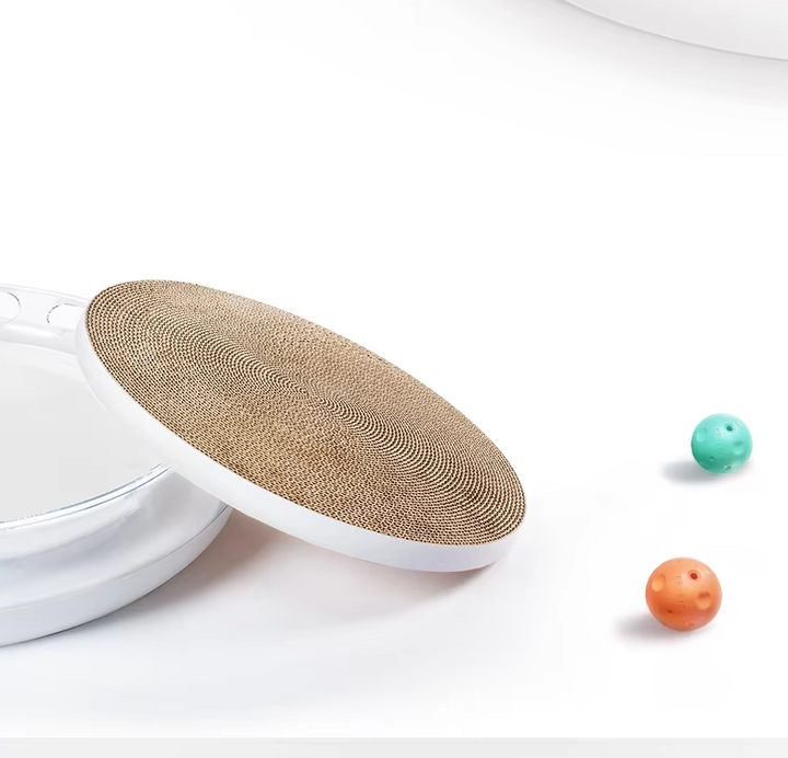 Happy cat playing with an interactive scratching board toy, chasing rolling balls for fun exercise.
