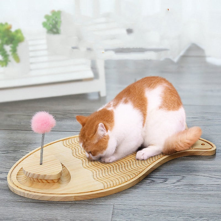 Cat's interactive wooden scratching board toy with feather & ball for engaging play. Pet supplies.
