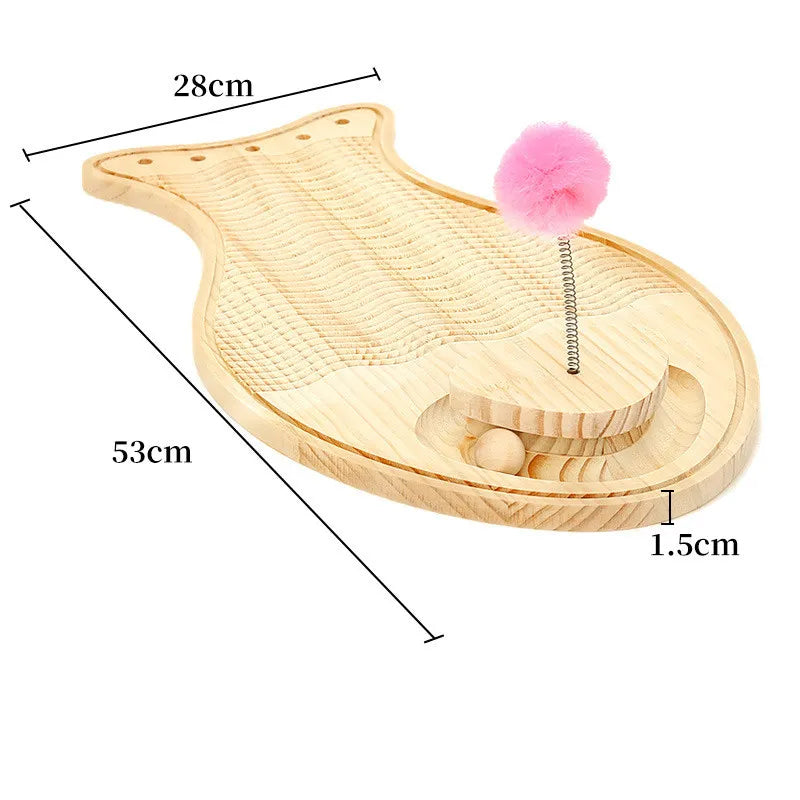 Durable wooden cat scratching board and playmat with an attached interactive feather toy.