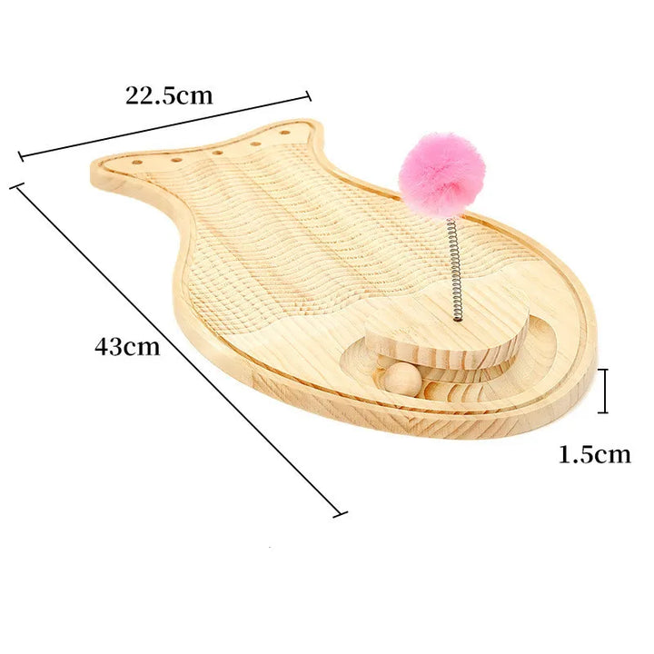 Interactive cat toy: natural wooden scratching board, feather wand, and rolling ball for feline fun.