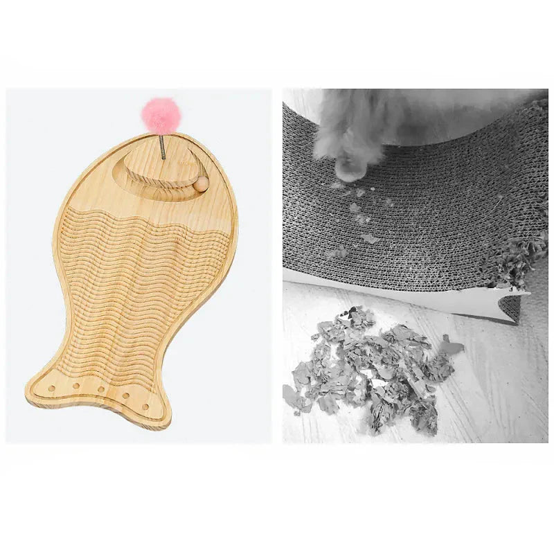 Wooden scratching board for cats, featuring a fun feather toy and integrated ball track.
