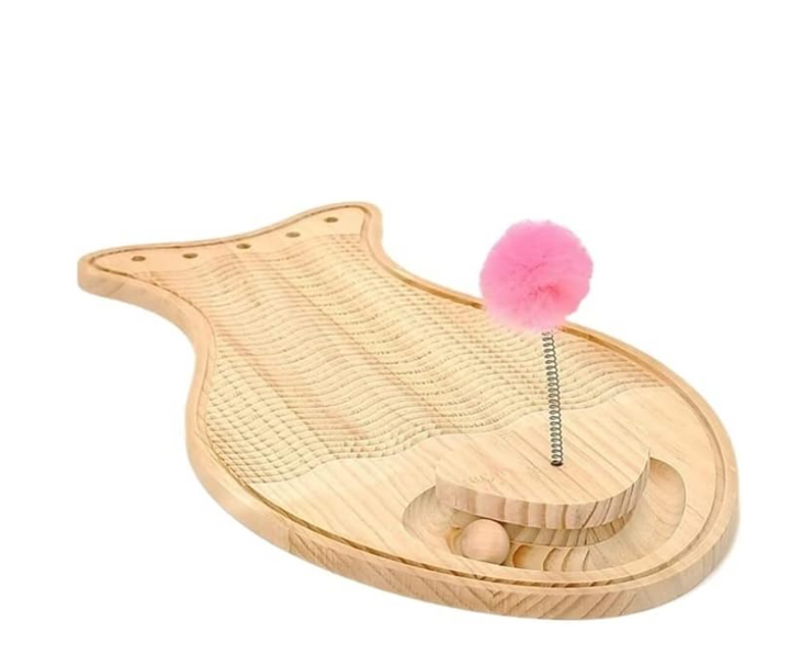 Premium wooden cat scratching board toy designed for interactive play, featuring a feather & ball.