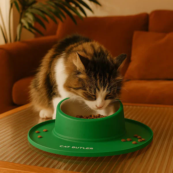 Cat's non-slip stainless steel food & water bowl with leak-proof design. Durable & hygienic pet feeder.