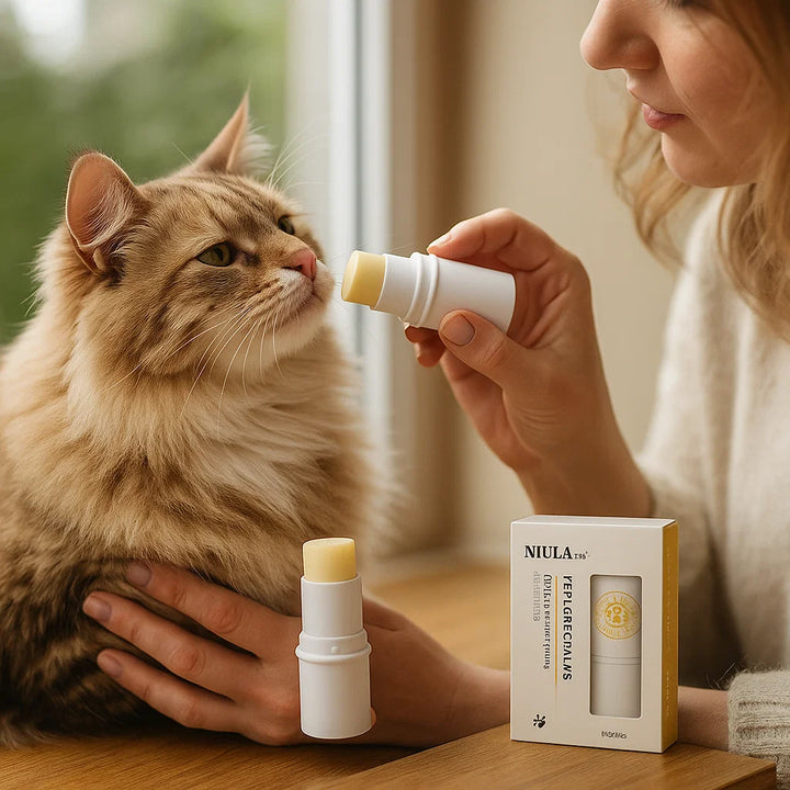 Easy-to-apply Cat Paw & Nose Balm Stick. Natural ingredients soothe dry paws & noses for cat health & comfort.