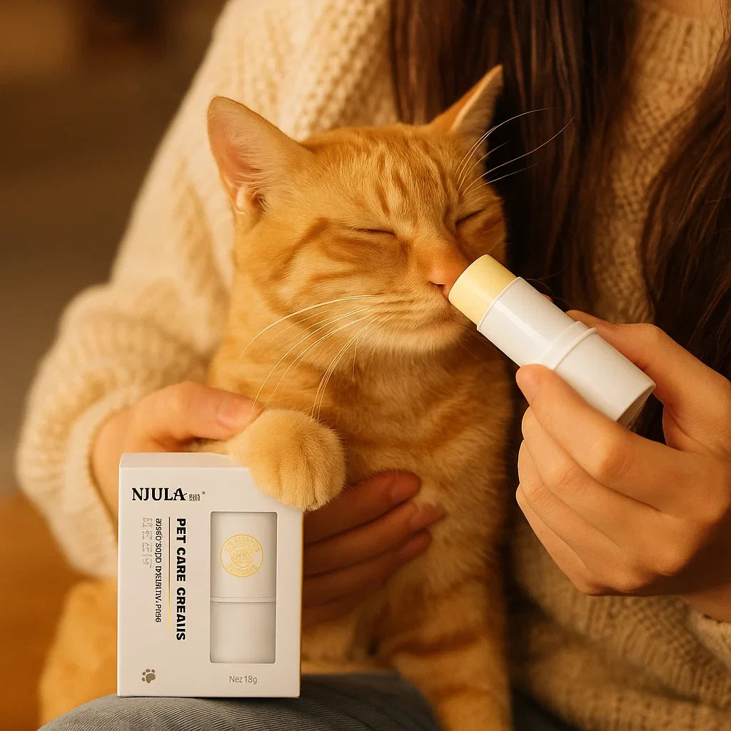 Cat care balm stick offers soothing protection for delicate paws & noses. Natural dry skin relief for pet comfort.