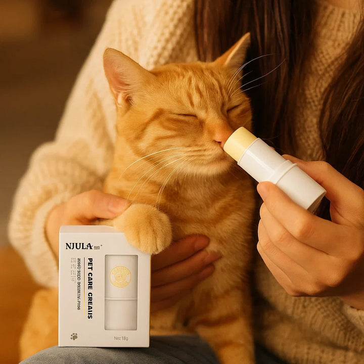 Cat care balm stick offers soothing protection for delicate paws & noses. Natural dry skin relief for pet comfort.