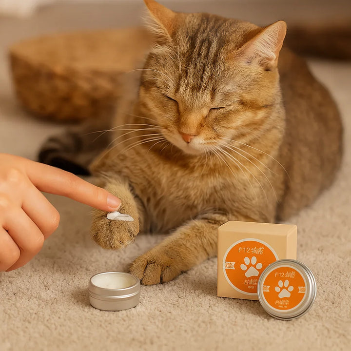 Feline paw balm for dry, cracked cat paws. Hydrates & protects delicate paw pads, promoting overall paw health.