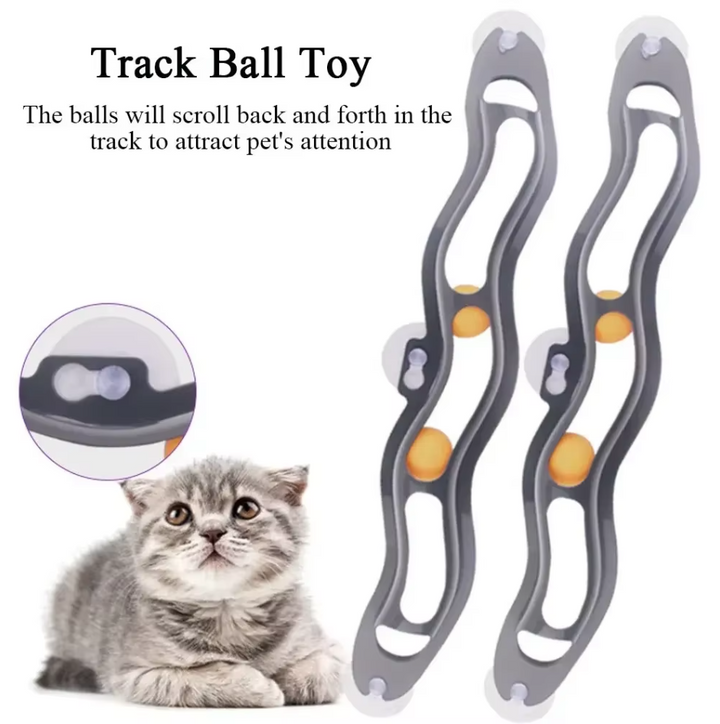 Cat's Window Ball Track interactive toy with colorful spinning balls, perfect for feline entertainment.