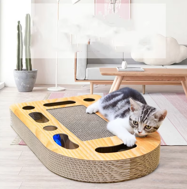 Cat scratching post with durable corrugated cardboard for healthy claws & furniture protection.