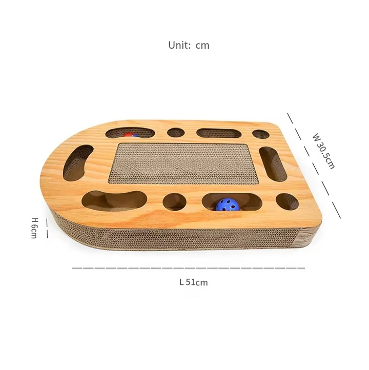 Feline enrichment cat toy & scratcher with sturdy wooden frame & replaceable cardboard pads.