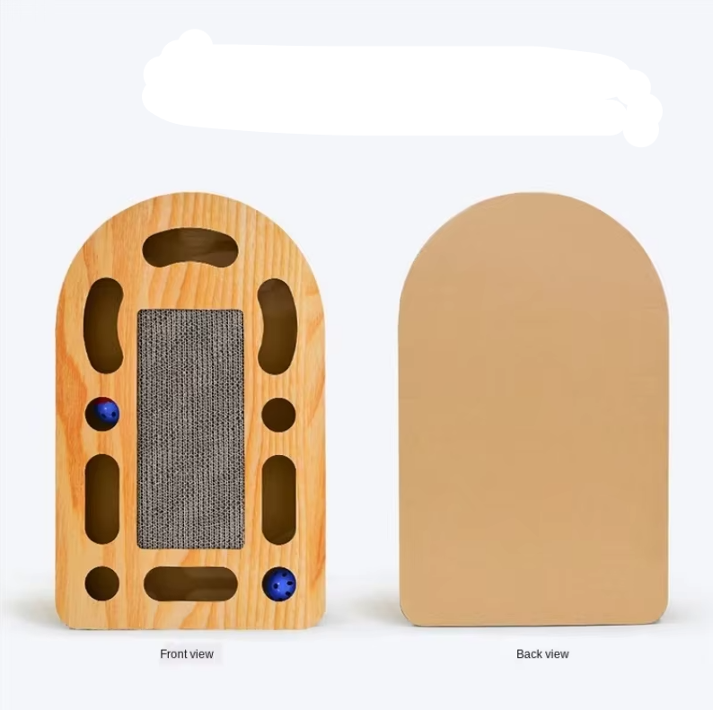 Premium pet supplies: a cat scratching post made with eco-friendly corrugated cardboard & wood.