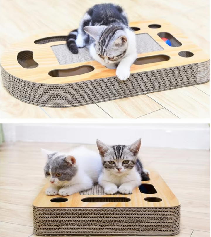 Interactive cat scratcher toy providing feline enrichment with corrugated cardboard.