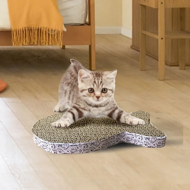 Cat-shaped corrugated cardboard scratching mat for feline fun. Durable pet scratcher toy & interactive cat supply.