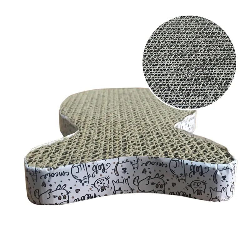 Corrugated cardboard cat scratcher in a fun cat shape. Promotes healthy claws and protects your furniture.