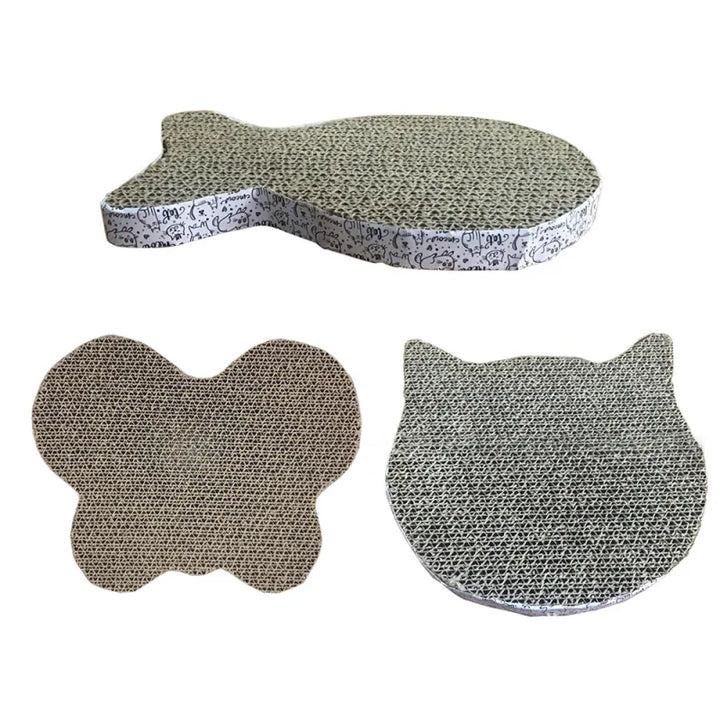 Animal-shaped corrugated cardboard scratching mat, a durable cat toy and furniture protector for happy cats.