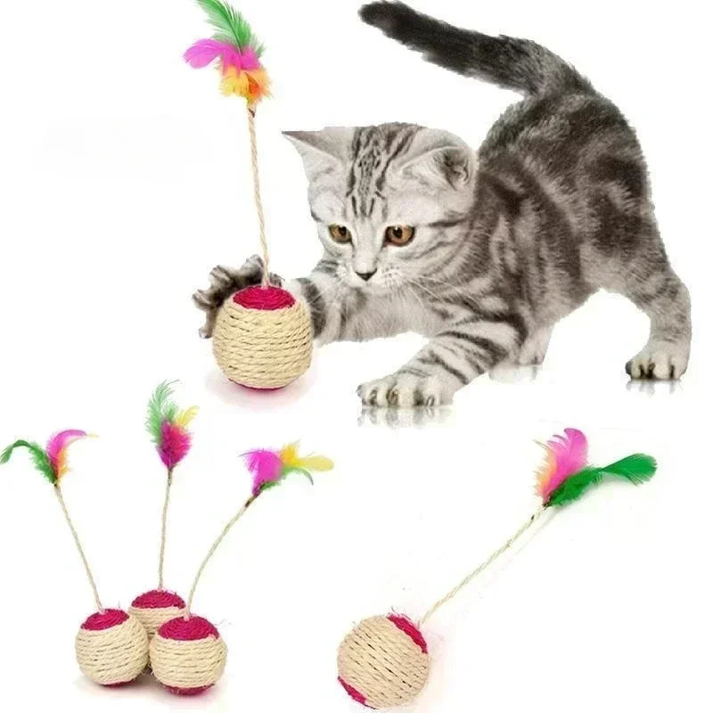 Cat sisal ball toy with feathers for scratching, playing, and claw training.