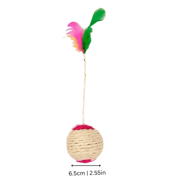 Interactive sisal ball cat toy featuring feathers for engaging playtime.