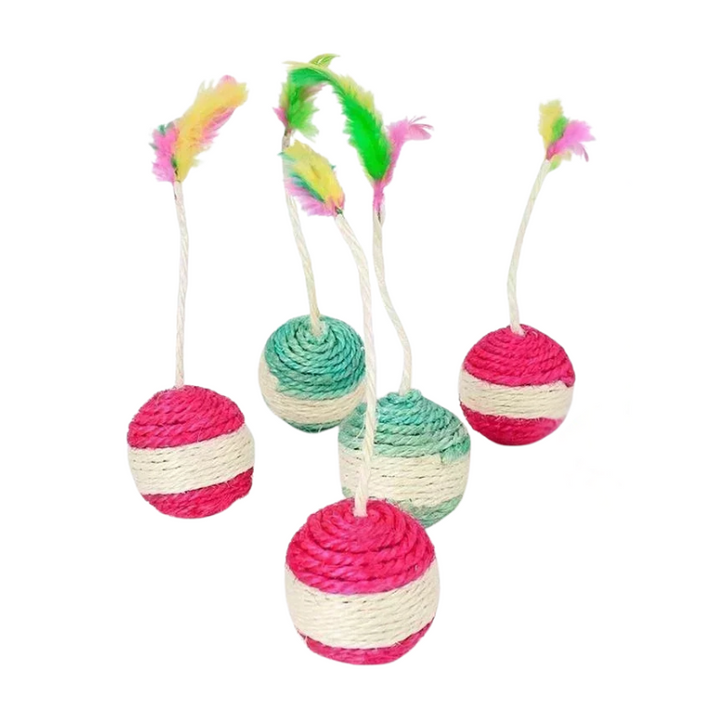 Durable sisal ball scratching toy with feathers, perfect for indoor cat fun.