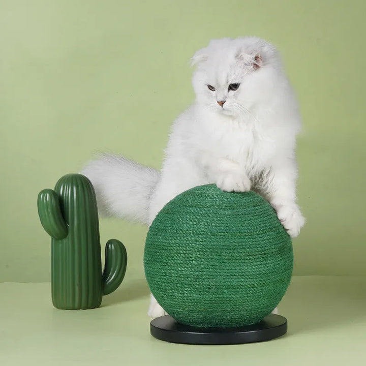 Close-up of a sisal scratching ball, designed for cats' claw health and fun, interactive exercise.