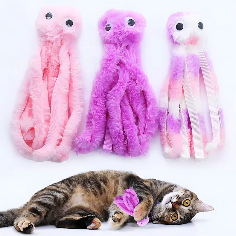 Catnip octopus plush toy for cats, featuring long tentacles for interactive play.