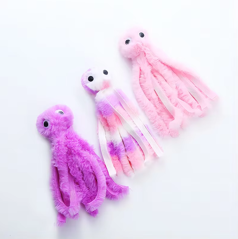 Cute plush octopus cat toy with crinkle elements for stimulating sensory play.