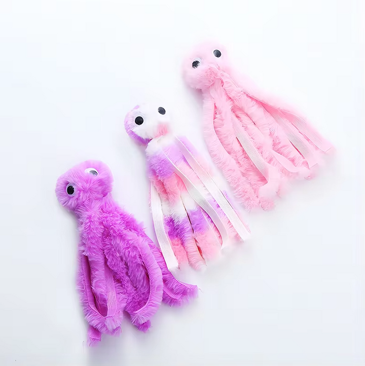 Cute plush octopus cat toy with crinkle elements for stimulating sensory play.
