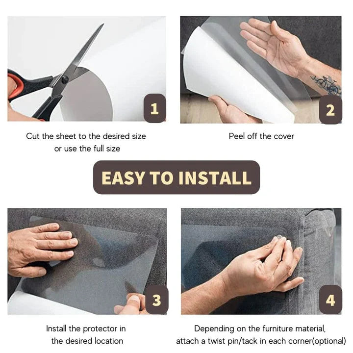 Close-up of CatShield Pro clear anti-scratch film applied to a couch arm, protecting against cat damage.