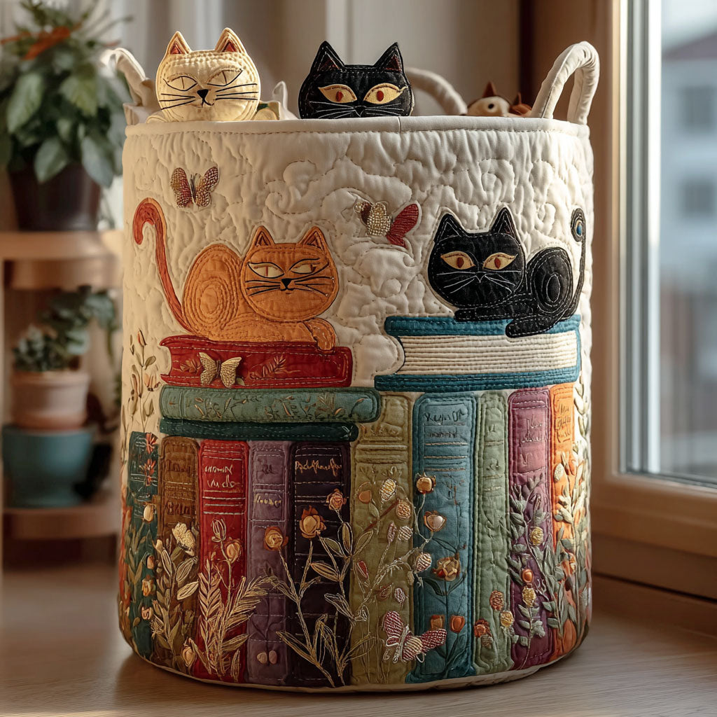 Charming Cat Parade Quilted Laundry Basket, foldable cotton blend storage, whimsical pet lover home decor & laundry organizer.