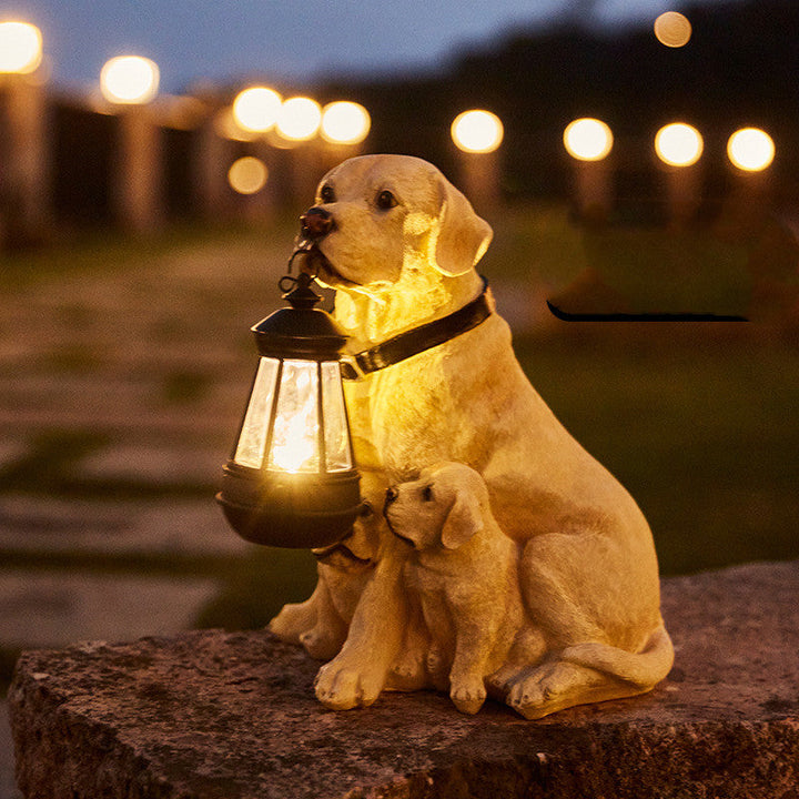 Charming solar LED dog sculpture garden light, perfect outdoor decor for patio, lawn, or pathway lighting.