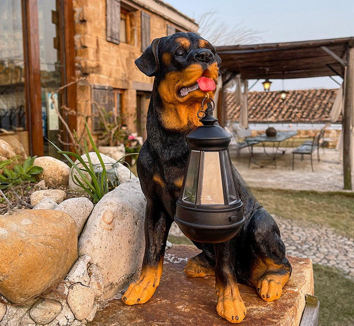 Retro style solar LED dog statue, a unique garden light and lawn ornament. Ideal animal sculpture outdoor decor.