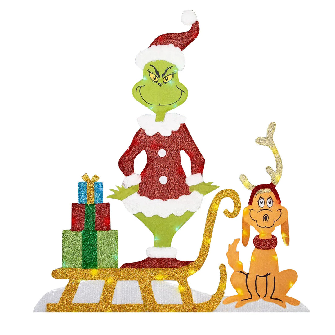 Cheerful Grinch character holiday yard light. Festive LED outdoor Christmas decoration for garden display.