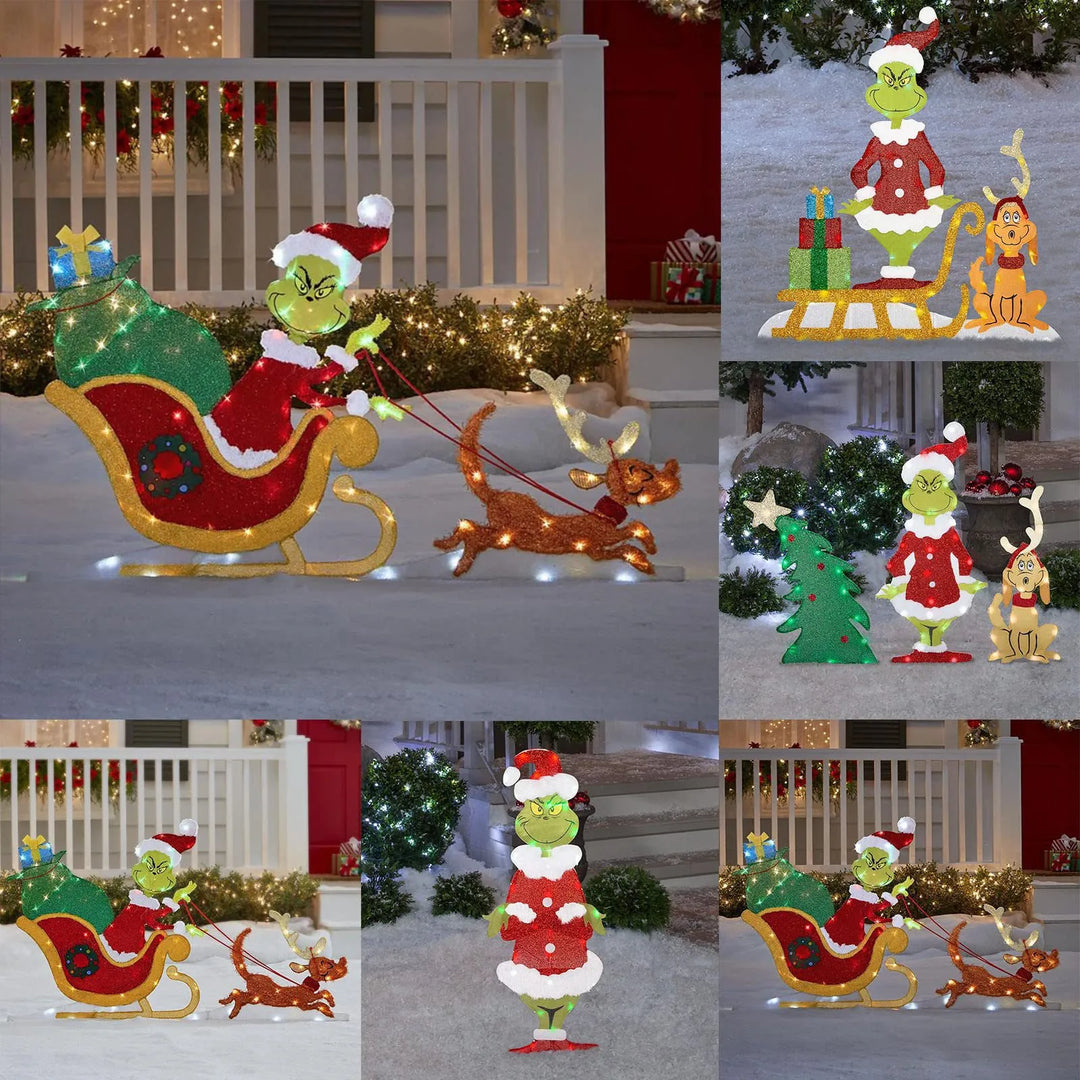 Whimsical green Grinch outdoor yard art. Bright LED garden light, cheerful Christmas decoration.