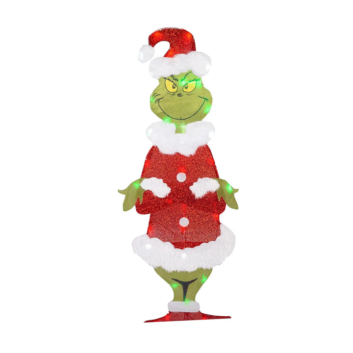 Festive Grinch Christmas decoration. Bright LED yard light for outdoor holiday garden display.