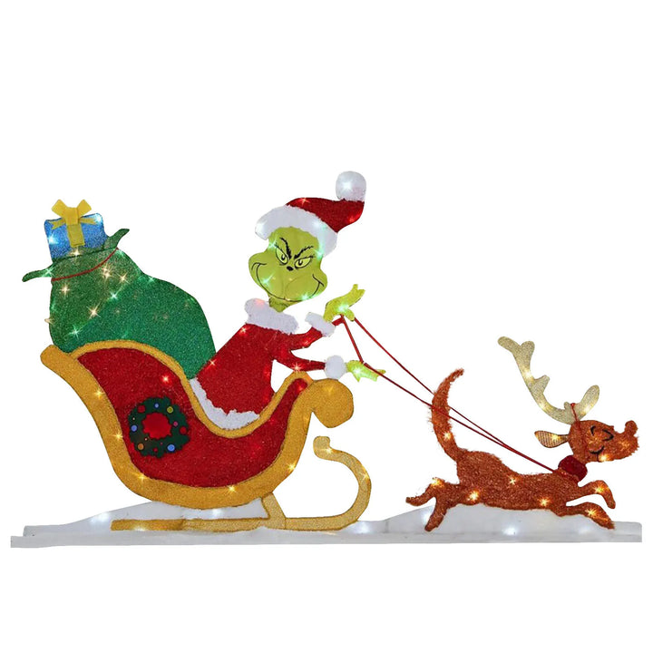 Cheerful green character holiday garden light. Grinch-themed outdoor Christmas decor & seasonal display.