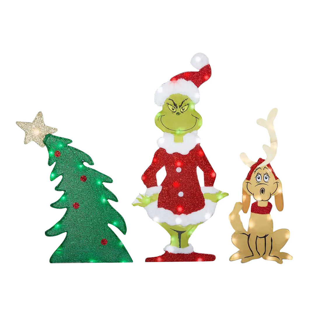 Bright Grinch character outdoor Christmas decoration. Festive LED yard light for cheerful holiday display.