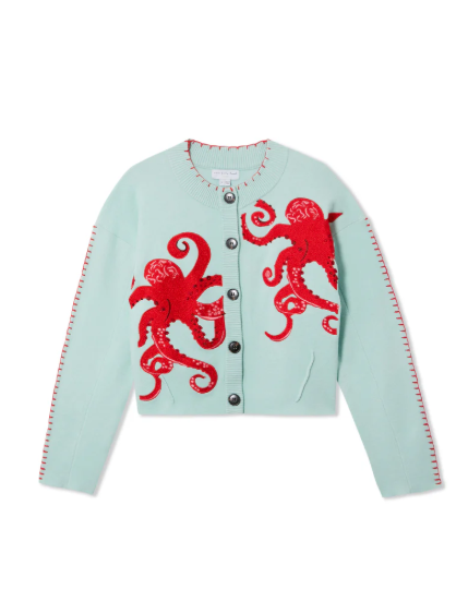 Chic blue knit cardigan featuring a detailed nautical octopus design, perfect for coastal style.