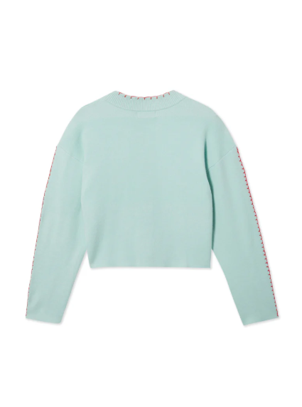 Women's relaxed fit blue sweater with an artistic octopus motif, ideal for casual layering.