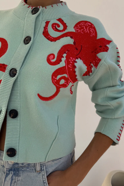 Viarla20251128: Blue knit cardigan with a charming nautical octopus pattern for women.