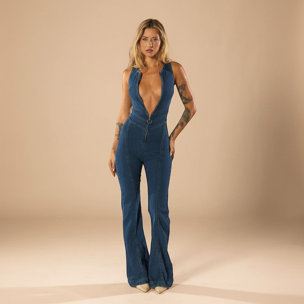 Chic blue women's deep V-neck flared leg jumpsuit, perfect for evening parties and fashion-forward looks.