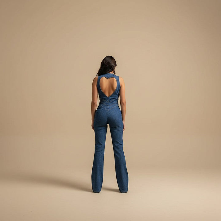 Sleek blue women's deep V-neck flared leg jumpsuit, perfect for a chic party look or evening event.