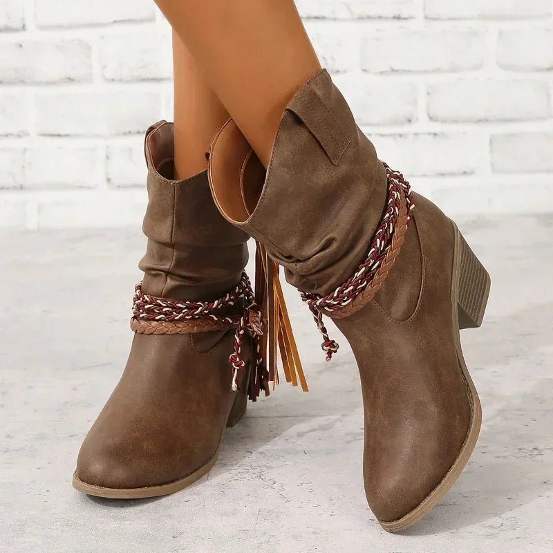 Chic brown women's western ankle boots with elegant tassel detail, perfect for versatile fall fashion.