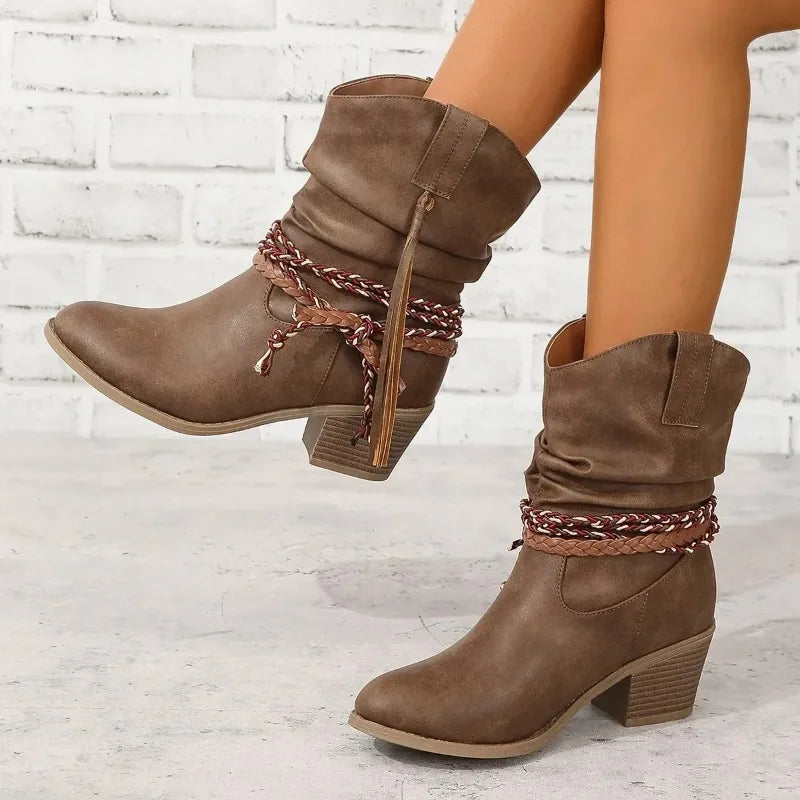 Stylish brown western ankle boots for women, featuring chic tassels & comfortable design for everyday wear.