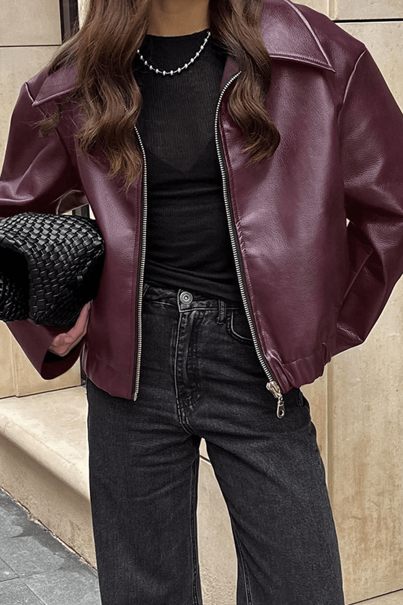 Elegant cropped red jacket, a women's chic style and versatile burgundy outerwear.