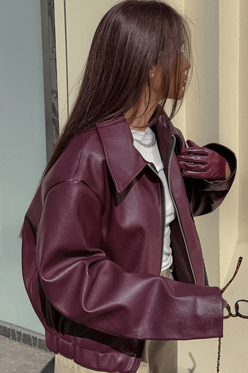 Lightweight women's burgundy cropped jacket, ideal for versatile chic style and modern fashion.