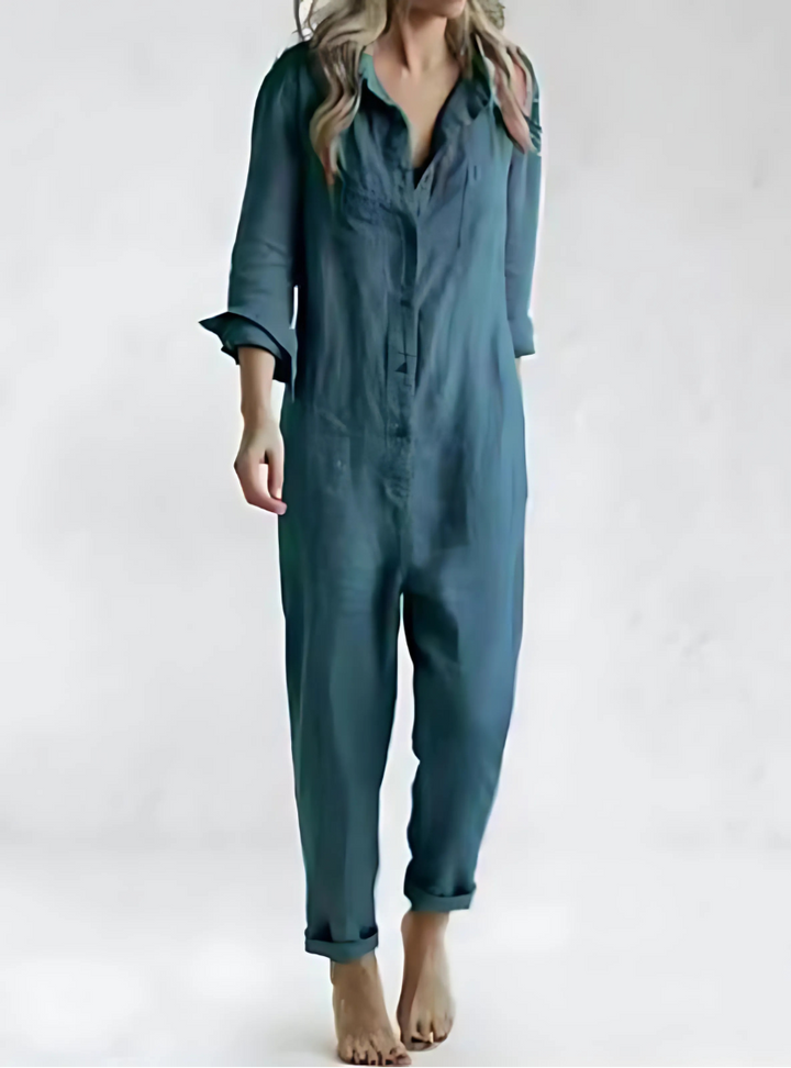 Women's casual jumpsuit with button closure and functional pockets. Perfect for spring & summer outfits.