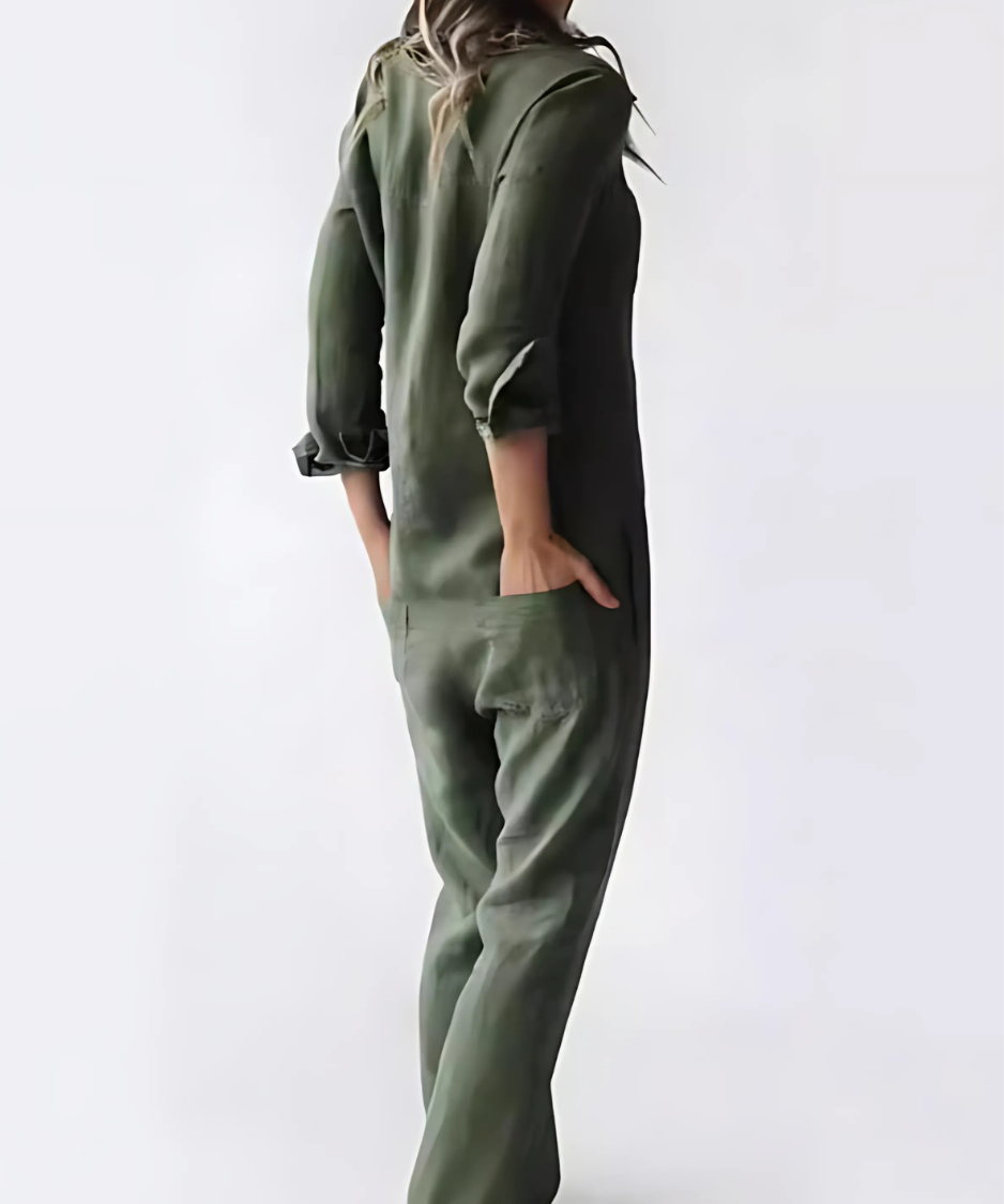 Effortless chic women's jumpsuit featuring convenient pockets & stylish button closure. New arrival.