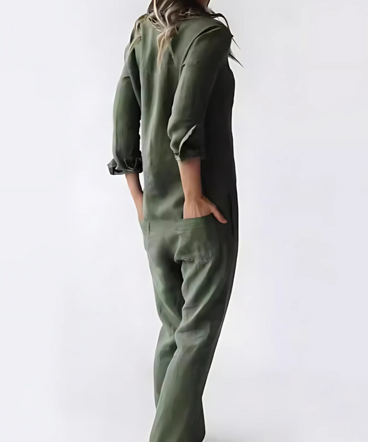 Effortless chic women's jumpsuit featuring convenient pockets & stylish button closure. New arrival.