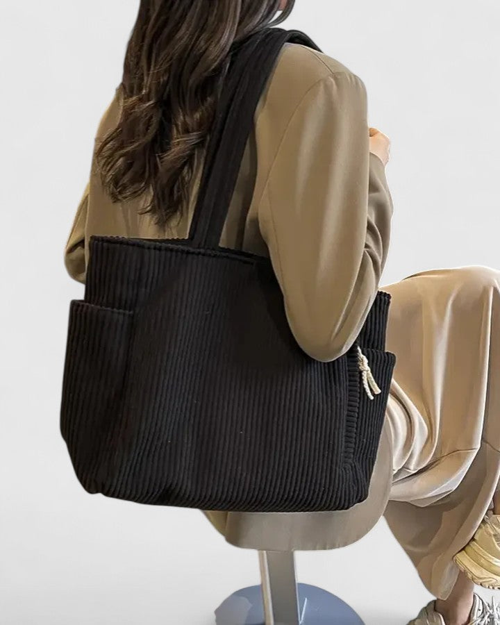 Fashionable women's corduroy tote bag, spacious and sophisticated for daily errands.