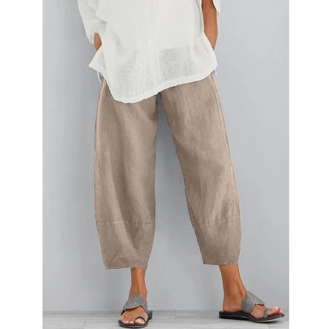 Chic khaki linen leisure pants for women, offering effortless style and all-season comfort.